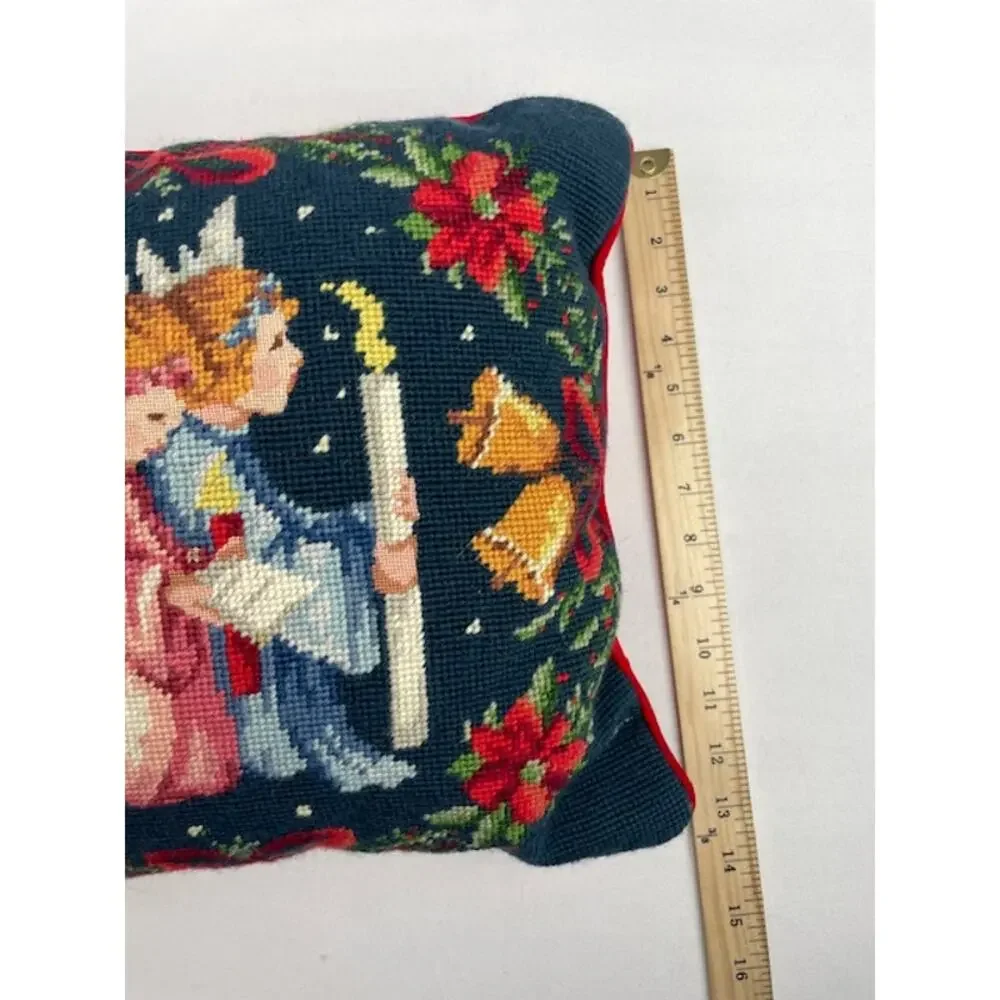 Vintage Christmas Needlepoint Pillow Angels Candle Bells Red Velvet 14